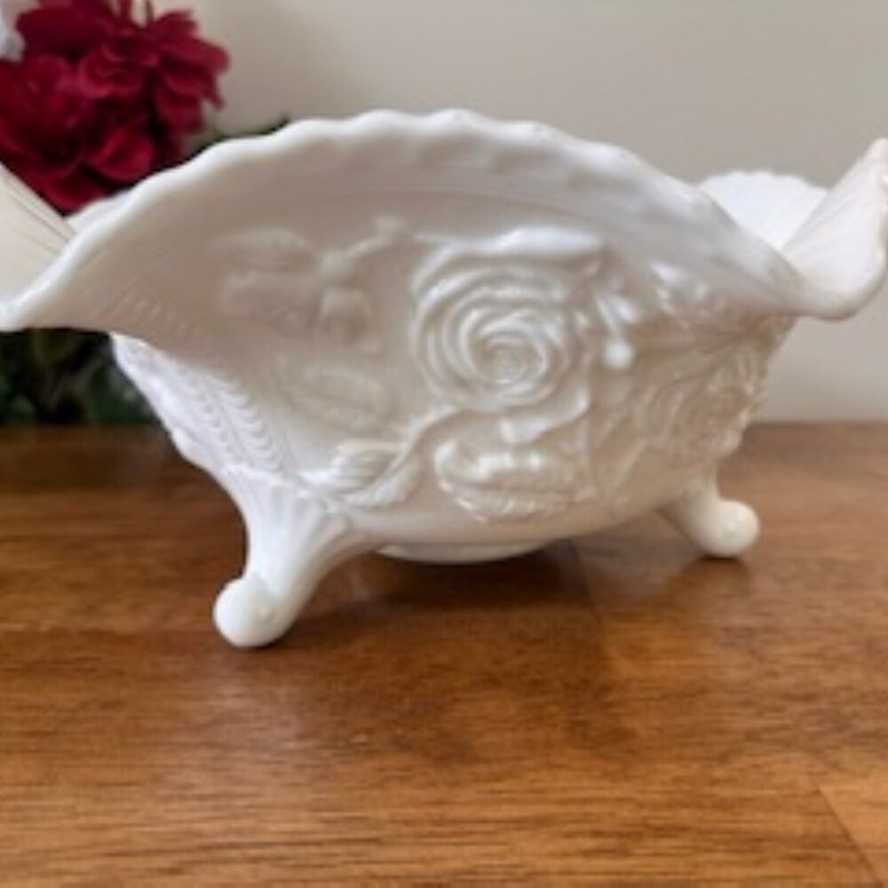 Vintage White Milk Glass Bowl Embossed Rose Floral Footed Dish Ruffled Edge